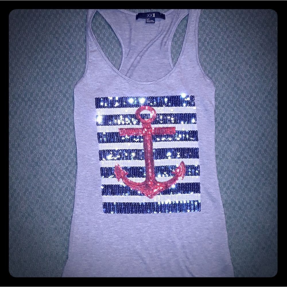 Grey red, white, and blue tank.